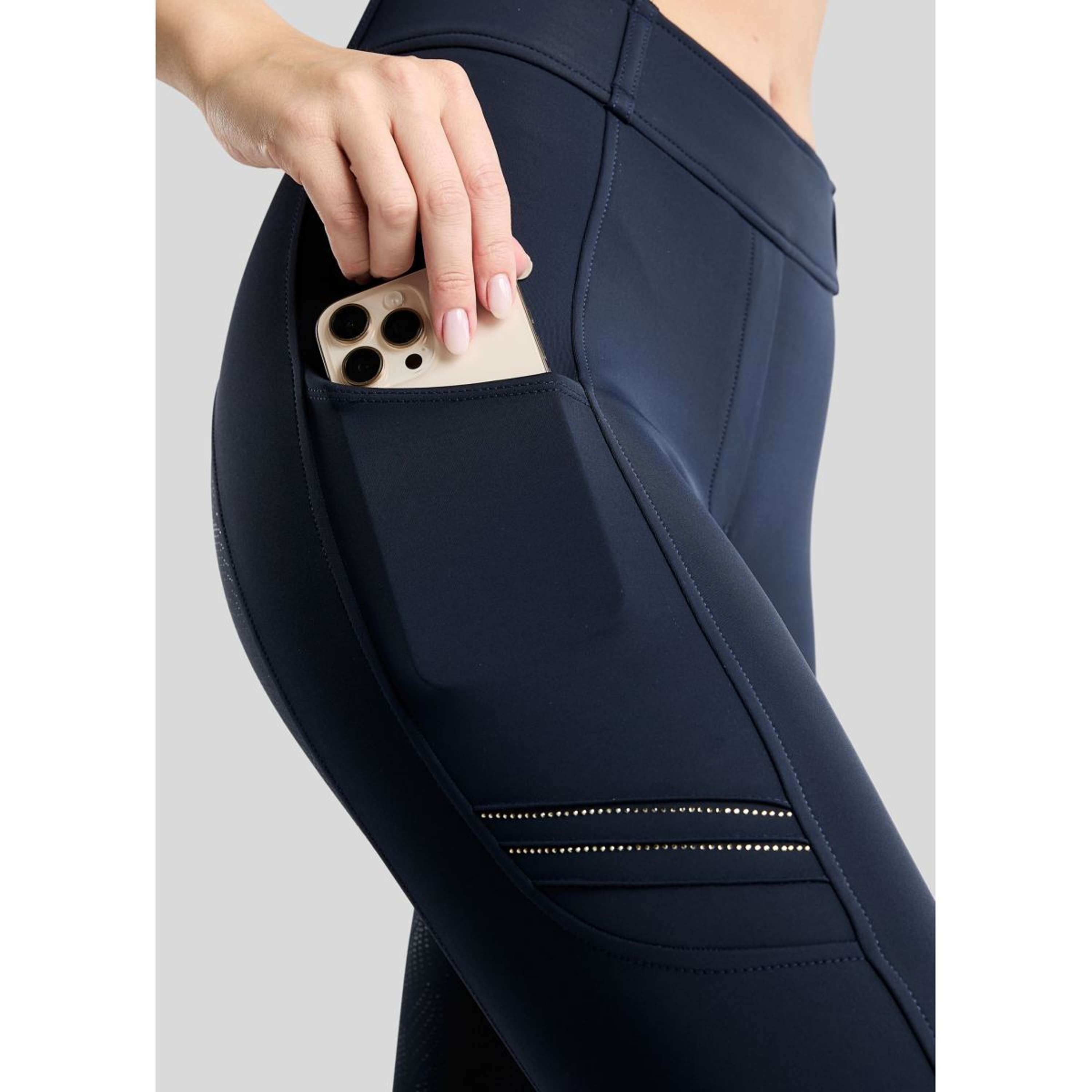 Montar Leggings da Equitazione MoWilma Hybrid Pintucks Golden Quartz Crystals Full Grip Navy