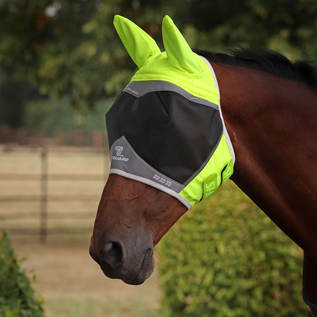 FlyGuard by Shires Maschera per Mosche Pro Hi-Viz Fine Mesh con Orecchie Giallo fluo