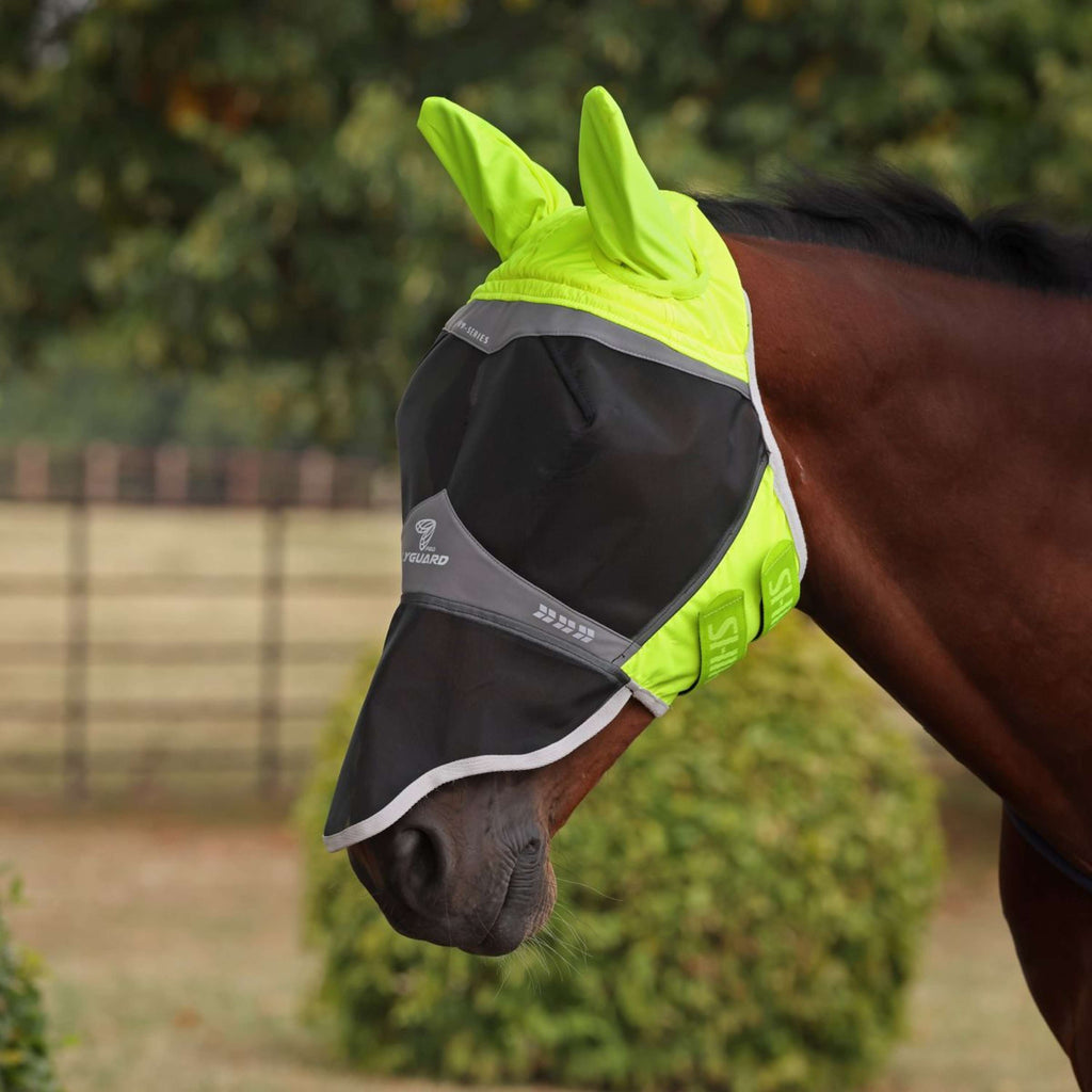 FlyGuard by Shires Maschera per Mosche Pro Hi-Viz Fine Mesh con Orecchie e Naso Giallo fluo