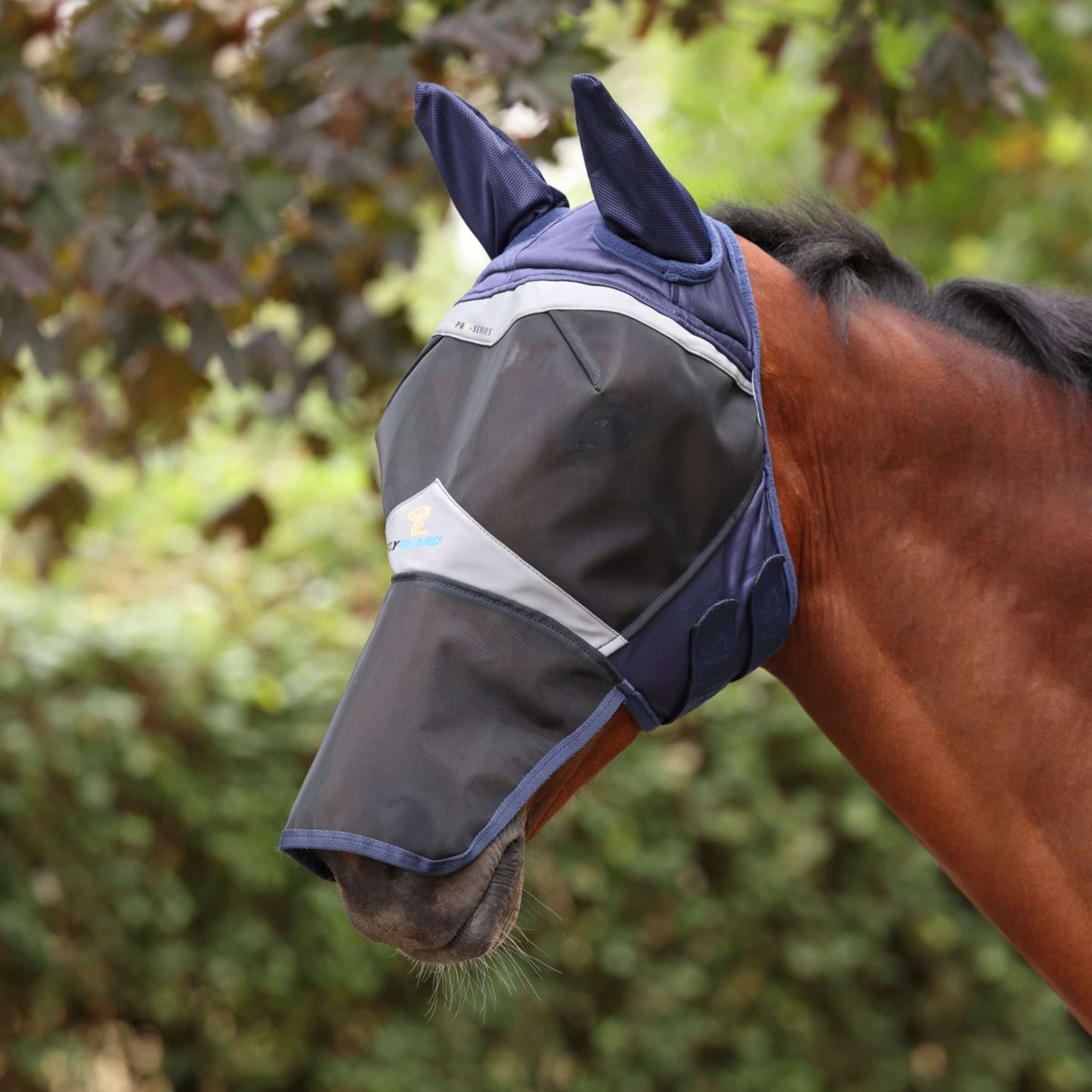 FlyGuard by Shires Maschera per Mosche Pro Fine Mesh con Orecchie e Protezione per il Naso Navy