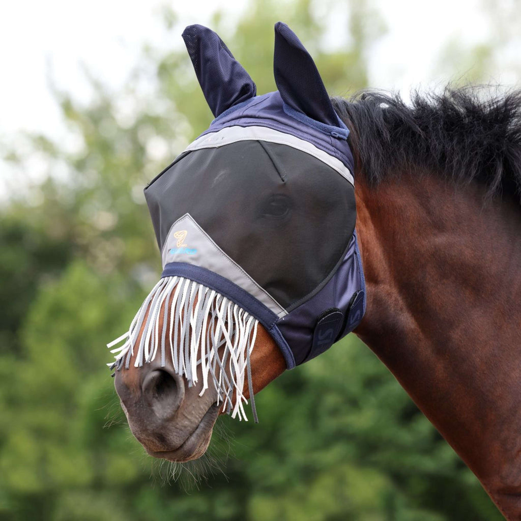 FlyGuard by Shires Maschera per Mosche Pro Fine Mesh con Orecchie e Frange Navy