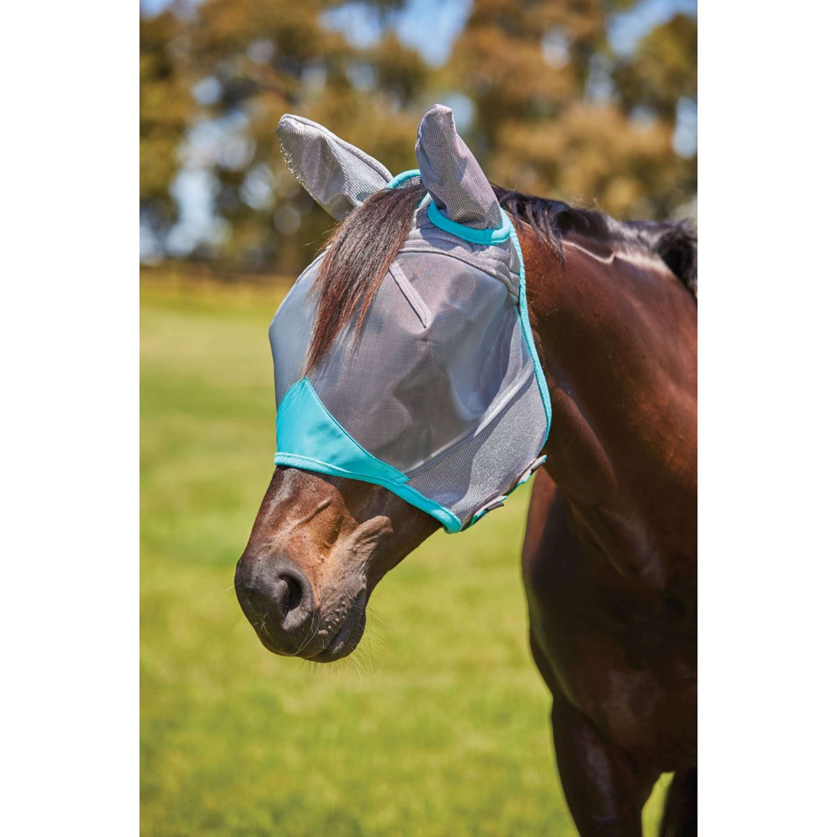 Weatherbeeta Maschera per Mosche Comfitec Deluxe Fine Mesh con Orecchie Grigio/Turchese